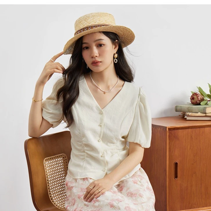 独束微胖MM大码女装法式宽松甜美落肩v领收腰显瘦上衣23DS82484