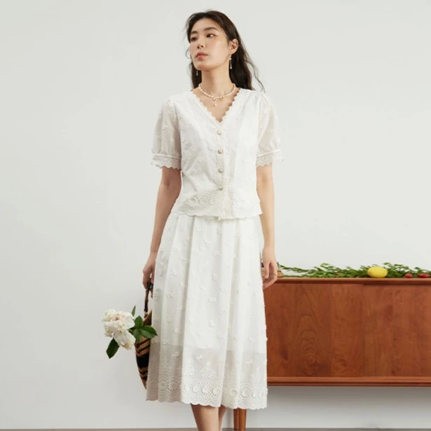 独束微胖MM大码女装显瘦甜美蕾丝小香风上衣+半裙套装23DS82253