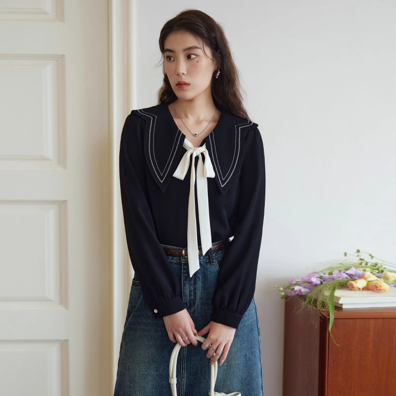 独束微胖大码女装法式撞色气质V领小衫女精致穿搭上衣23DS81102