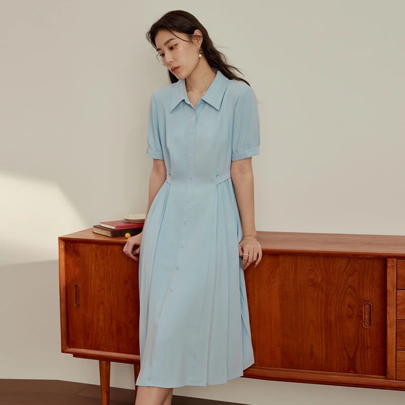 独束微胖MM大码女装polo领衬衫小众气质休闲百褶连衣裙23DS82243