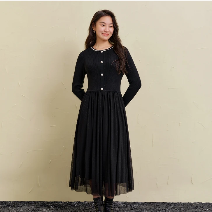 独束微胖M大码女装温柔日常休闲气质百搭网纱拼接连衣裙24DS84405