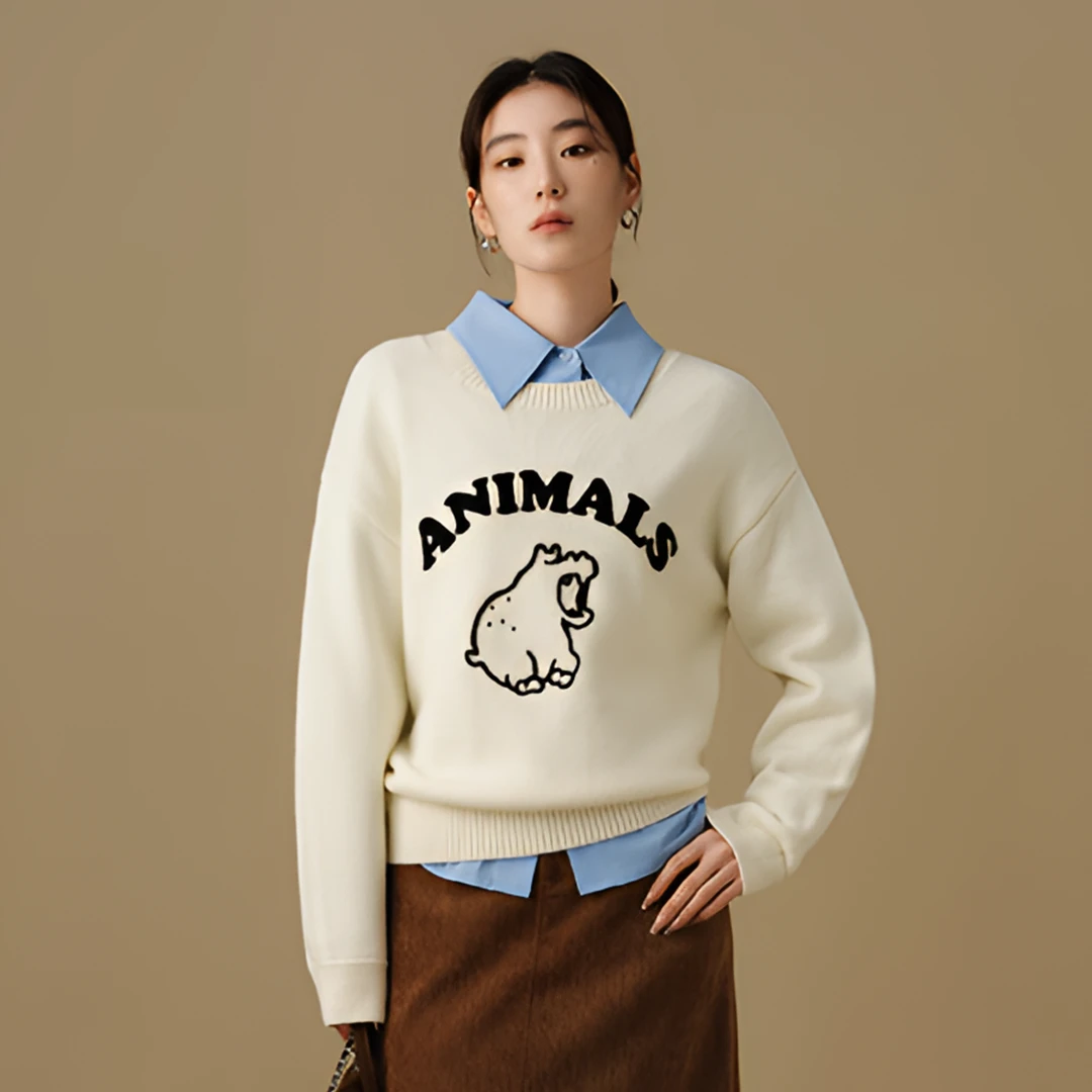 独束微胖大码女装卡通宽松毛衫刺绣针织毛衣圆领上衣24DS84157