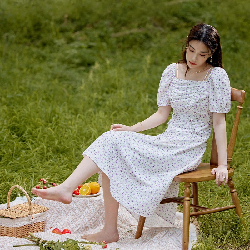 独束微胖MM大码女装优雅方领碎花连衣裙甜美泡泡袖裙子23DS82462