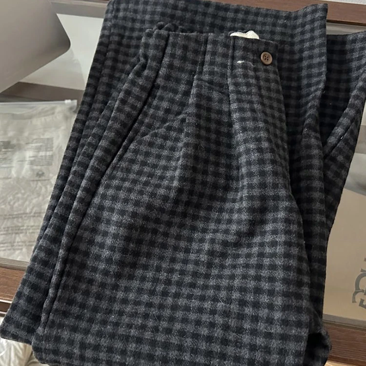 2024秋冬新款毛呢加厚复古格子裤女半松紧宽松百搭显瘦经典阔腿裤