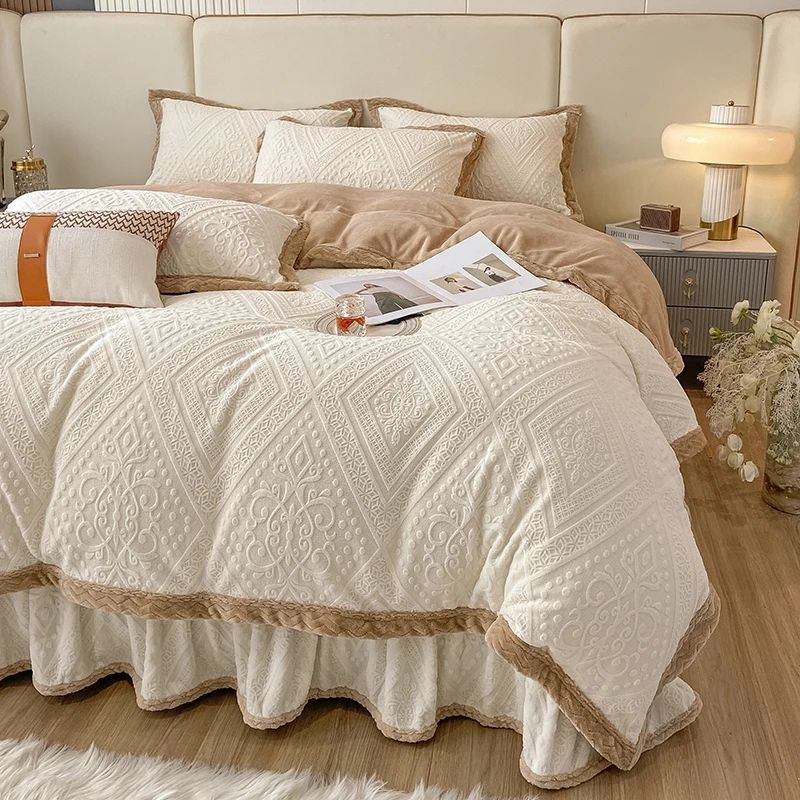 9斤轻奢欧式烂花A类5D雕花牛奶绒床裙四件套加厚双面绒秋冬四件套