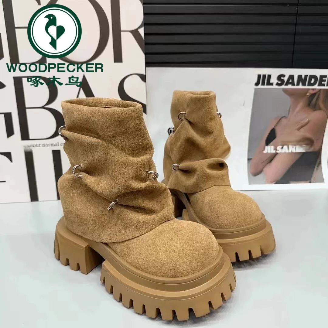 啄木鸟马丁靴女套靴厚底靴2024秋冬新款短筒机车靴英伦风骑士靴潮