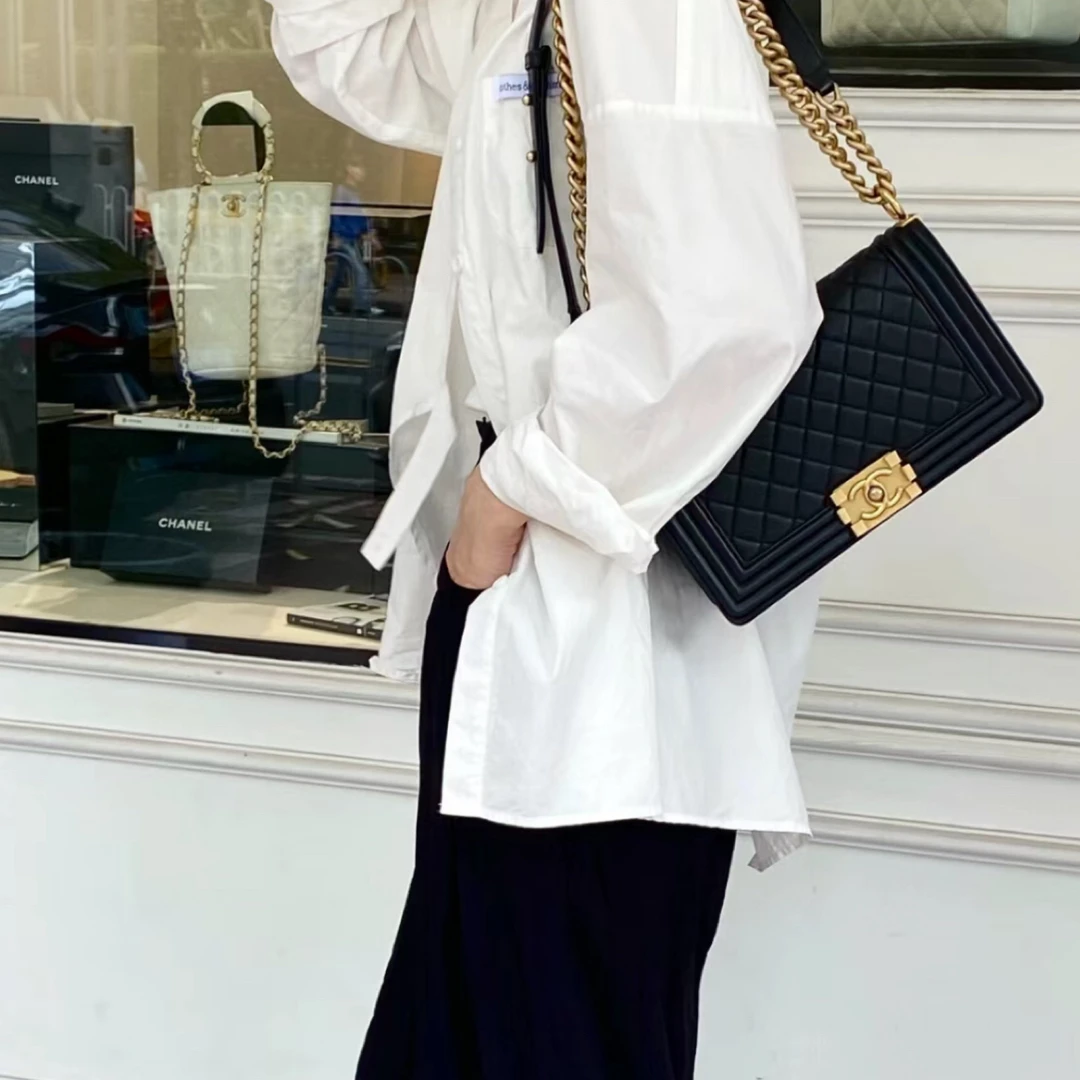 95新 Chanel/香奈儿 5997|香奈儿leboy中号黑金牛斜挎包|香奈儿