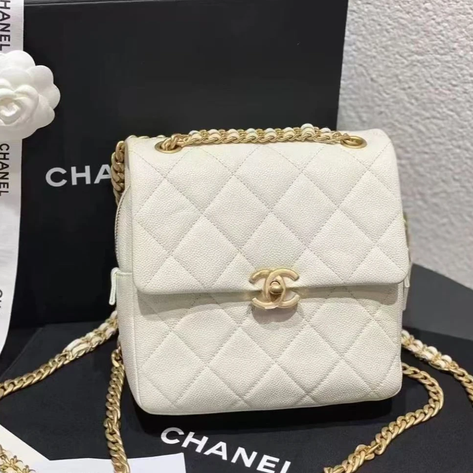 95新 Chanel/香奈儿 1734|香奈儿白色芯片ado荔枝皮双肩包|香奈儿