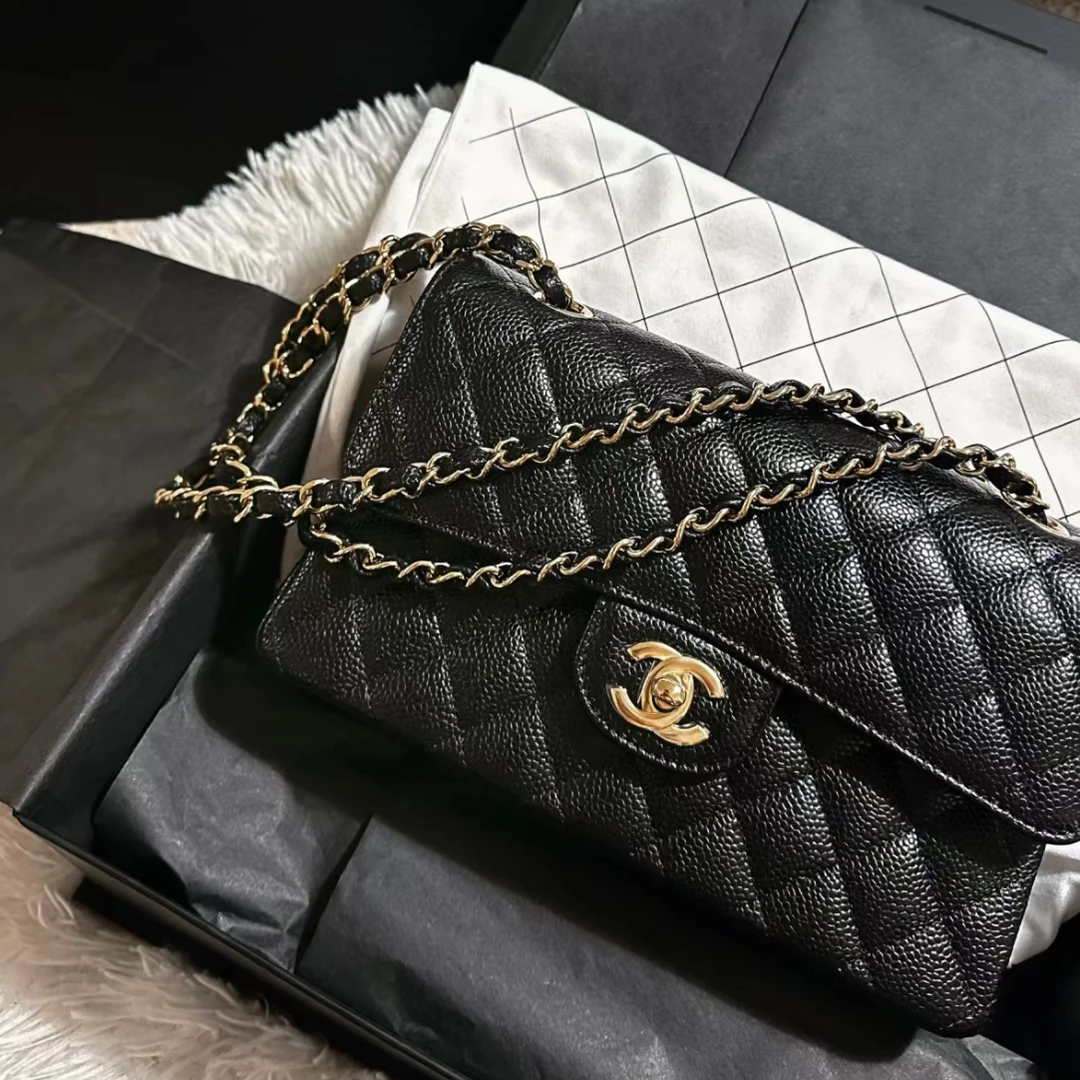 95新 Chanel/香奈儿 2177|香奈儿黑金荔枝皮cf中号单肩包|香奈儿