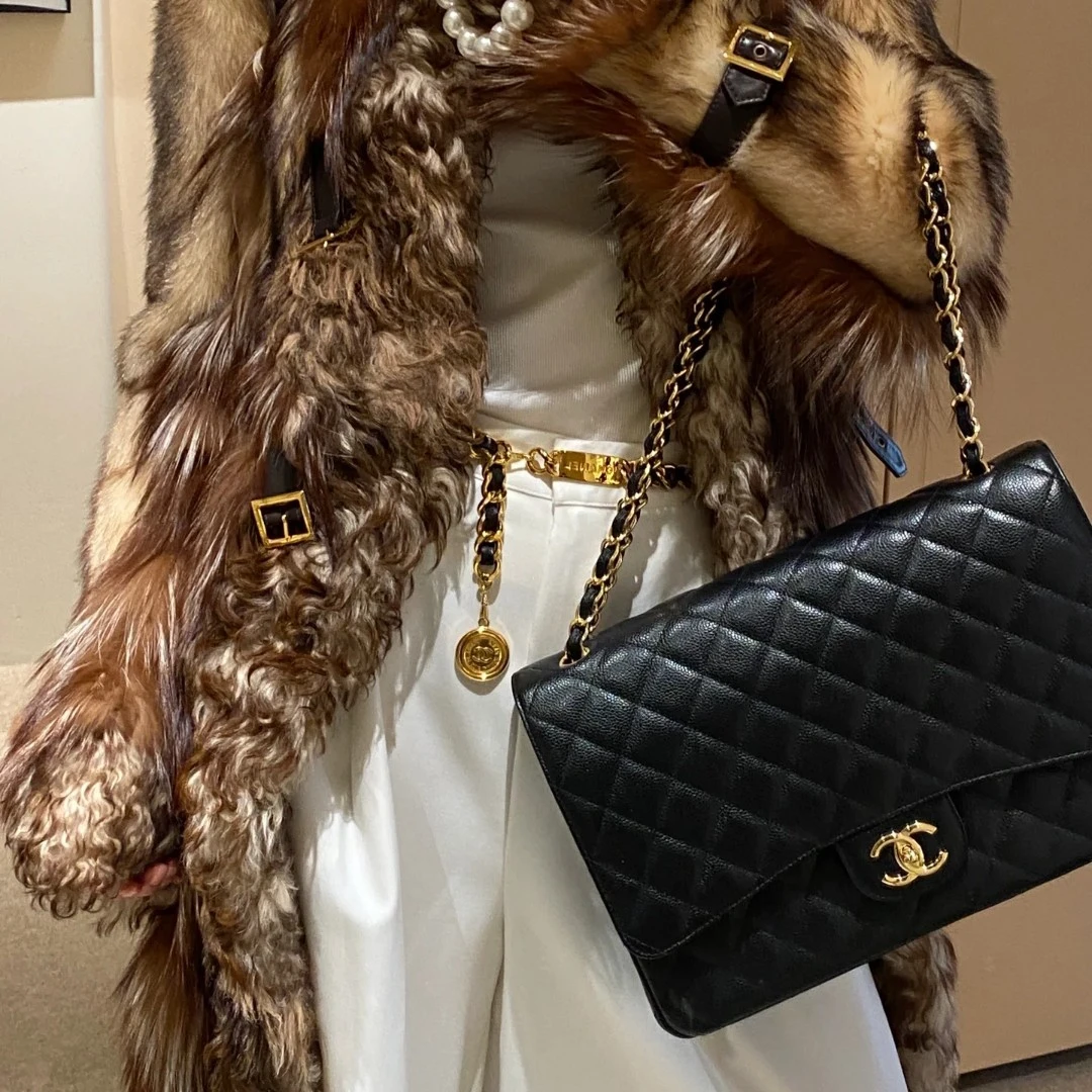 99新 Chanel/香奈儿 2695/香奈儿cf黑金荔枝皮斜挎包包/二奢包包