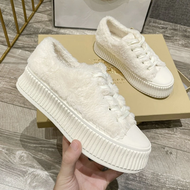 毛毛鞋女秋冬外穿加绒保暖棉鞋2025新款厚底松糕增高鞋休闲小白鞋
