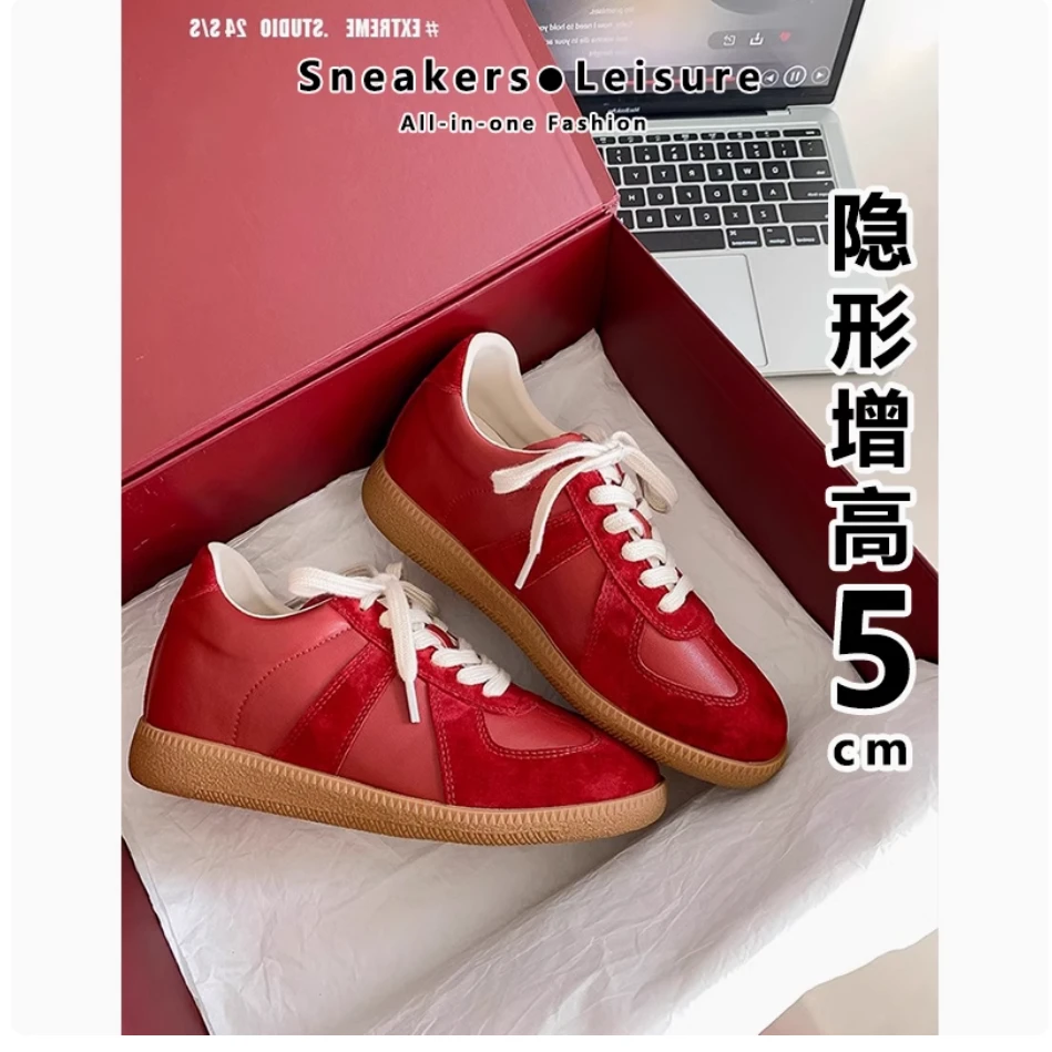 真皮内增高红色德训鞋女2025百搭新款复古阿甘鞋板鞋运动鞋休闲鞋