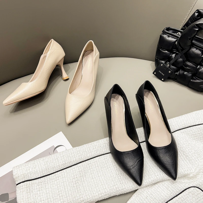 黑色软皮尖头高跟鞋2023春季新款职业女单鞋舒适百搭中低跟工作鞋
