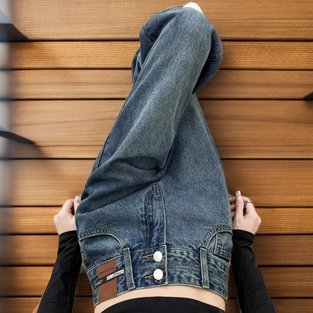 复古高腰双扣牛仔裤女2025新款秋季直筒显瘦休闲宽松垂感阔腿长裤
