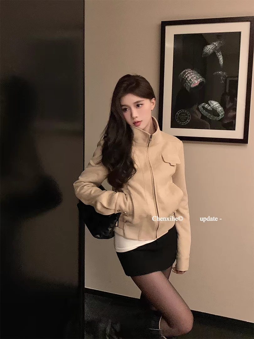 何晨曦2024同款美式复古短款机车夹克外套女秋季韩系休闲百搭上衣