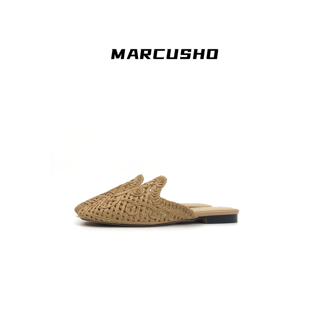 MARCUSHO西班牙风格拉菲草手工编织度假慵懒风女凉鞋平底半拖