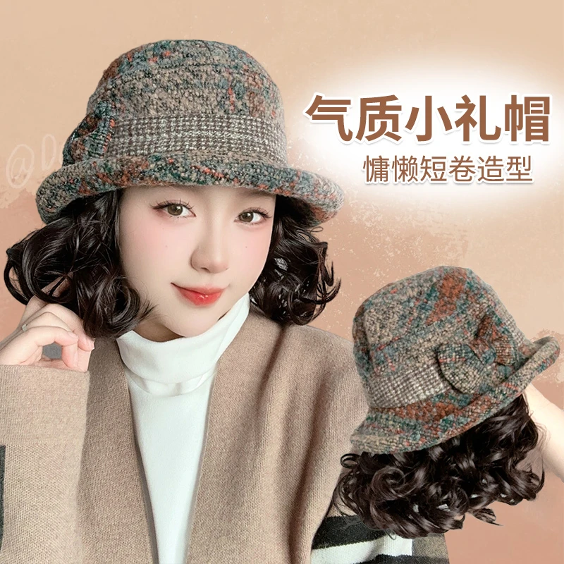 时尚妈妈帽子假发一体女秋冬帽子毛呢礼帽带假发保暖渔夫帽假发套