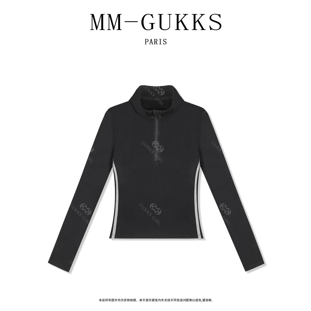 明明GUKKS『灰色腰精』秋冬加厚立领半拉链织带修身长袖上衣 T1349