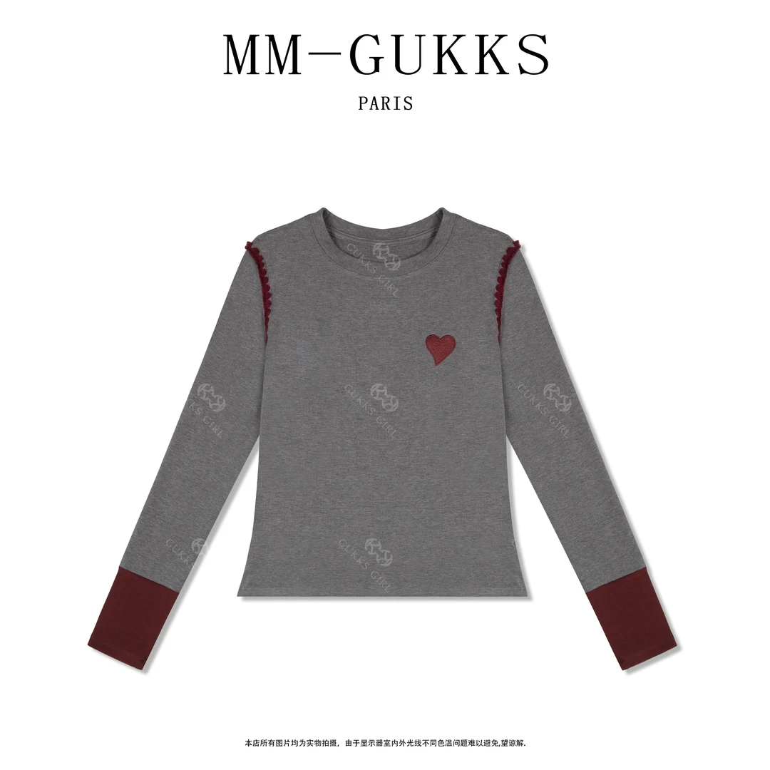 明明GUKKS『撞色爱心』2025秋季新款时尚内搭打底圆领撞色长袖T15