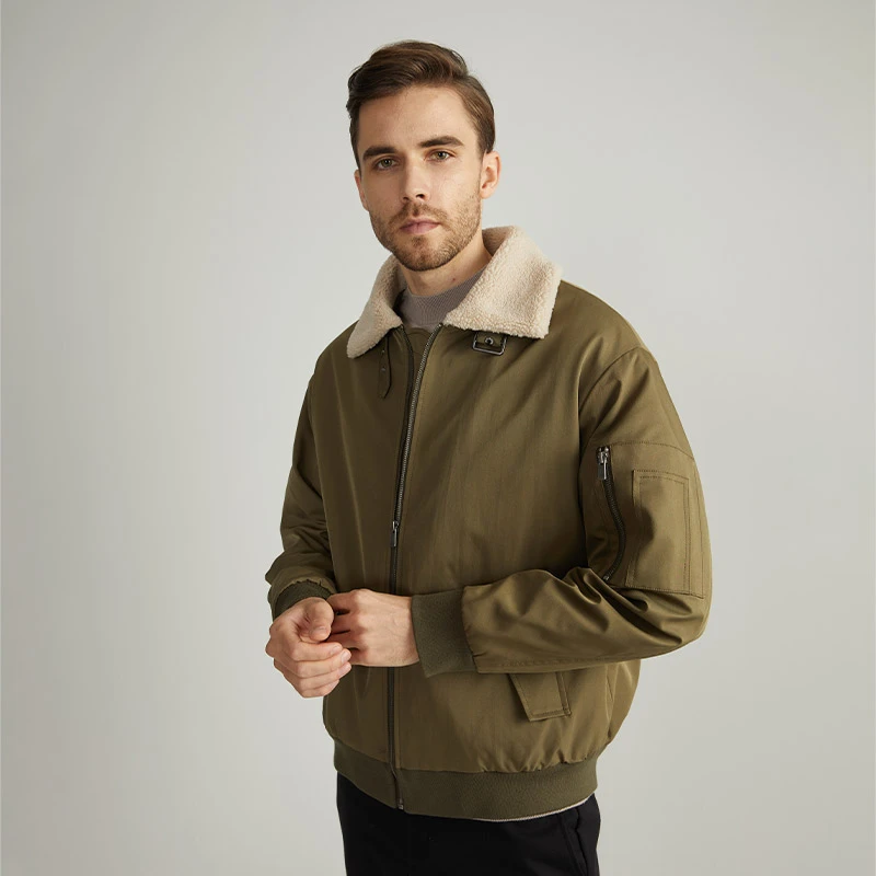 HECHTER飞行员新潮翻领夹克男士加绒仿羊羔绒雅丹风外套TJ12013