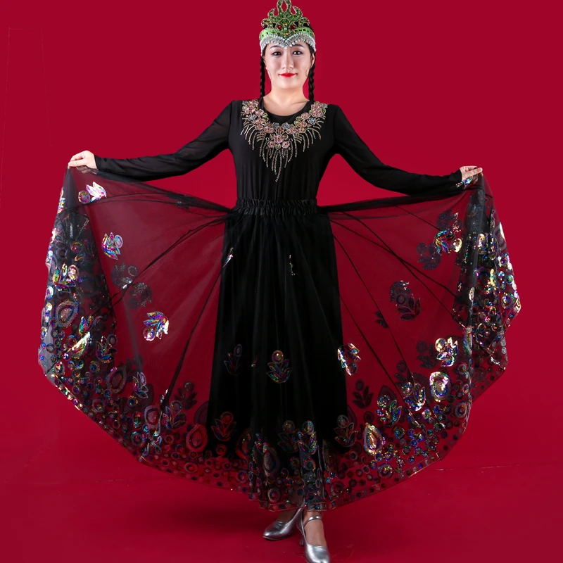 新疆舞蹈服维吾尔族舞蹈舞台高定欧根纱刺绣720半身裙