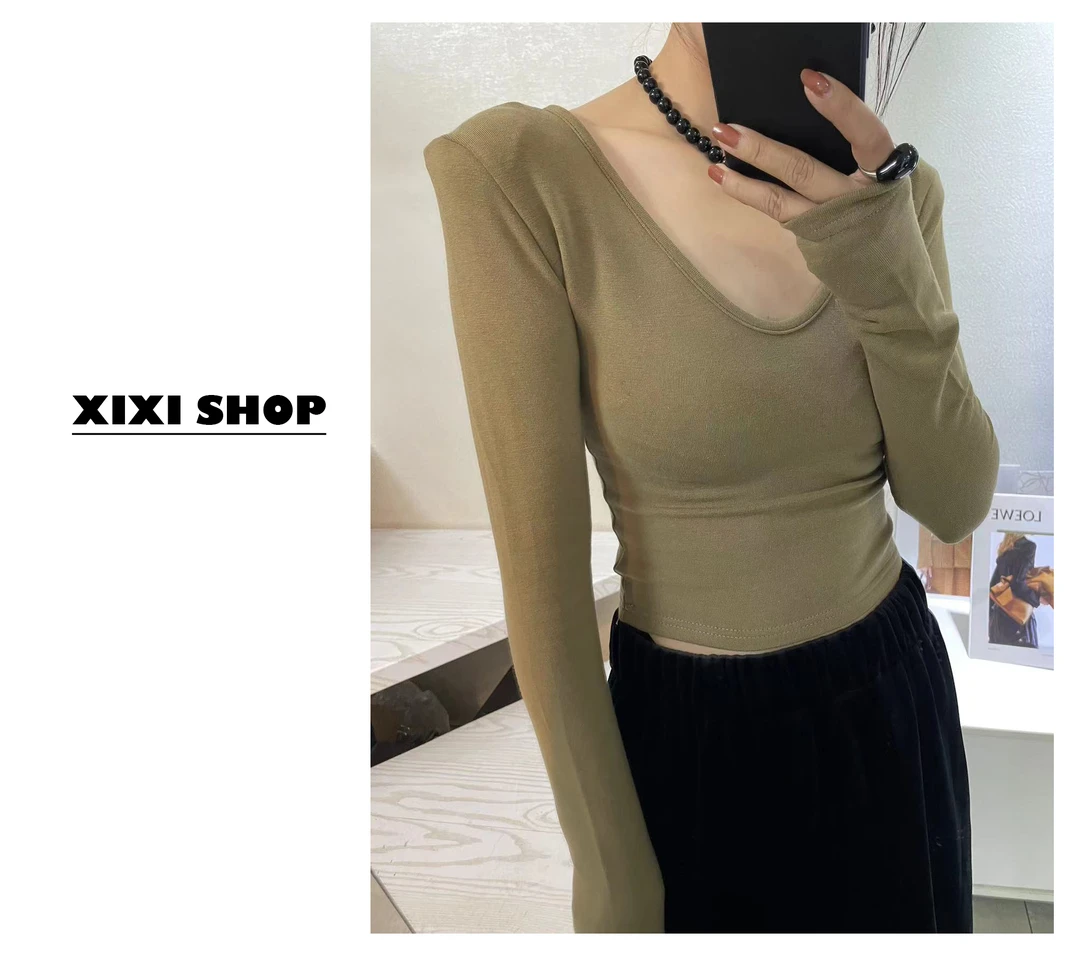 高级感小众设计款秋冬气质显瘦V领修身磨毛加厚打底T恤