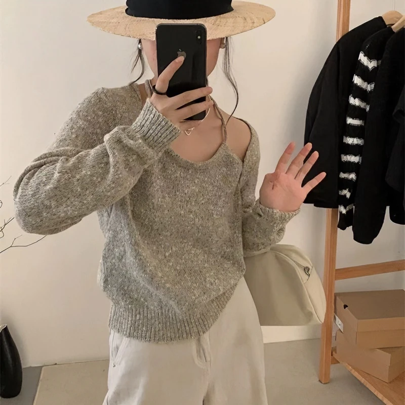 韩系假两件针织上衣女春秋季2023新款修身百搭高级感长袖套头毛衣