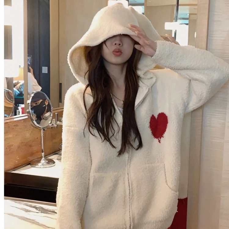 爱心刺绣拉链连帽毛衣外套女秋冬加厚宽松慵懒风软糯针织开衫8807