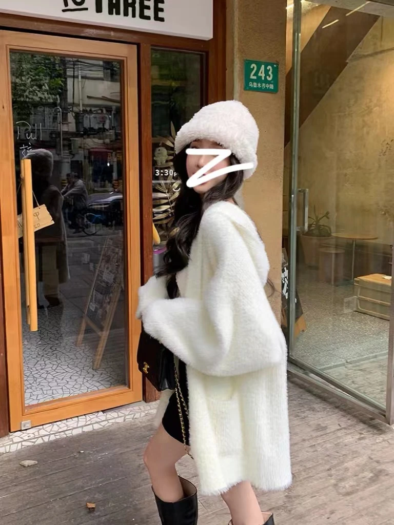 高级感水貂绒连帽针织开衫女秋宽松慵懒风奶fufu毛衣中长款外套厚