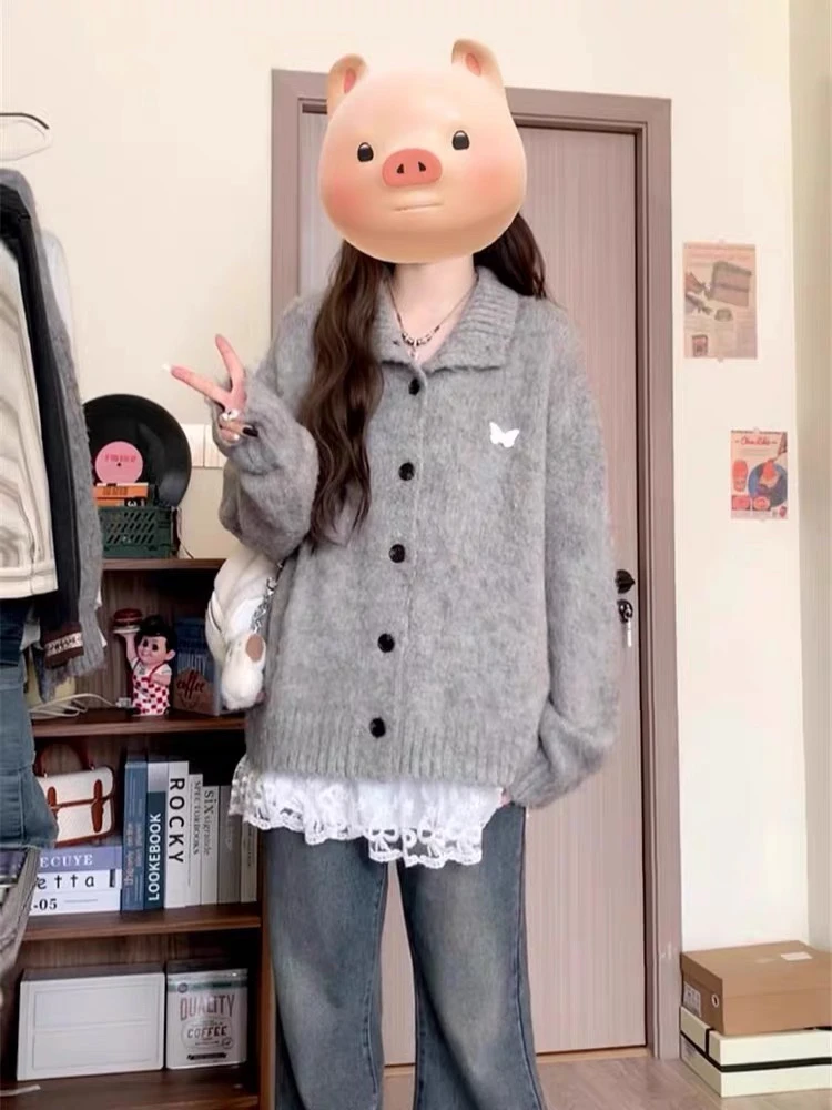 早秋季慵懒风灰色翻领针织开衫外套女2024新款秋冬高级感宽松上衣