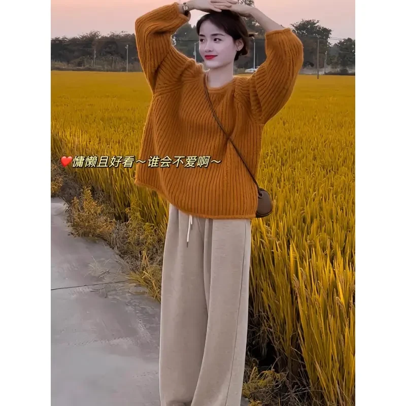 2024秋冬季新款宽松百搭显瘦套头韩版慵懒风南瓜橘针织毛衣女上衣