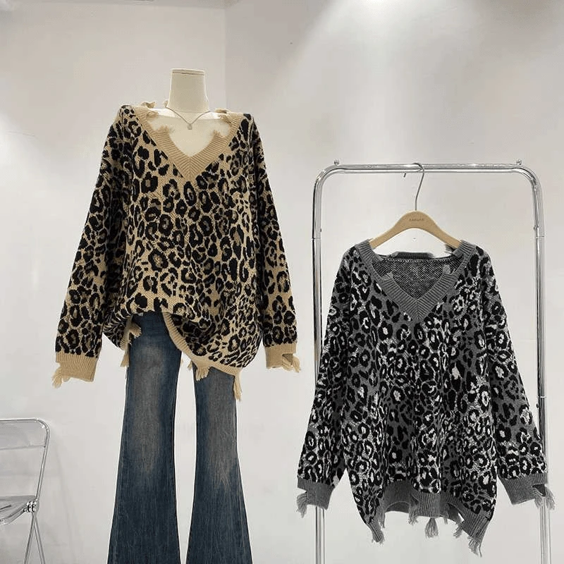 2024年秋冬新款韩版时髦破洞宽松中长款个性辣妹豹纹长袖毛衣女潮