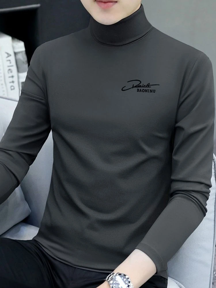 加绒打底衫男韩版修身内搭印花T恤2023秋冬季新款男士半高领长袖