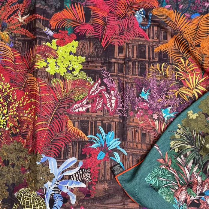 【140丝绒方巾-彩虹版热带雨林】桑蚕丝气质披肩时尚百搭方巾大方