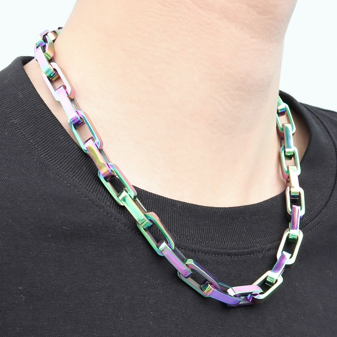 钛钢项链 钛钢项链  个性炫彩轻奢男士淬火竹节链 设计感小众彩色