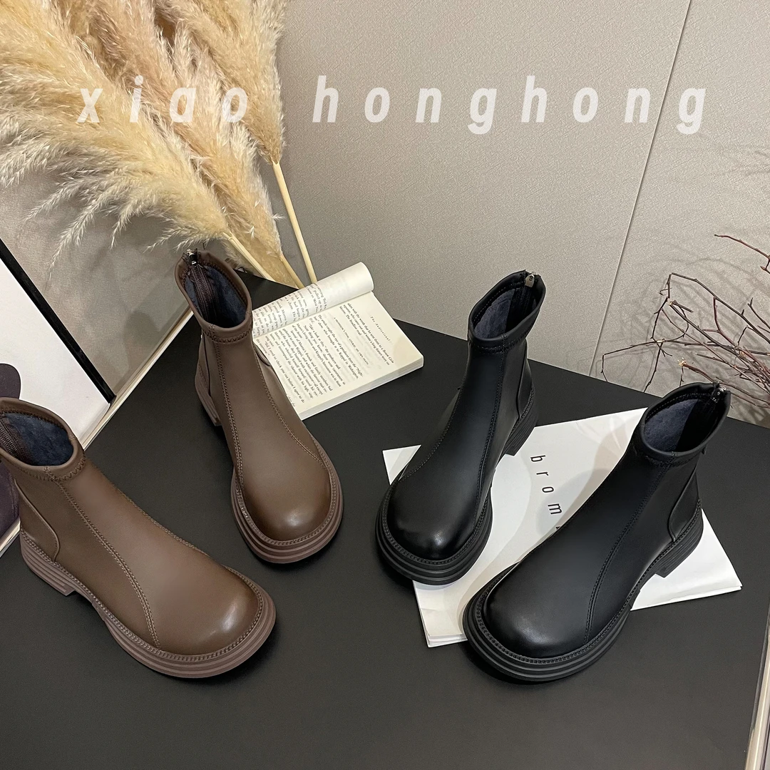 时尚潮流百搭轻奢舒适2023爆款网红女款软皮休闲英伦后拉链马丁靴
