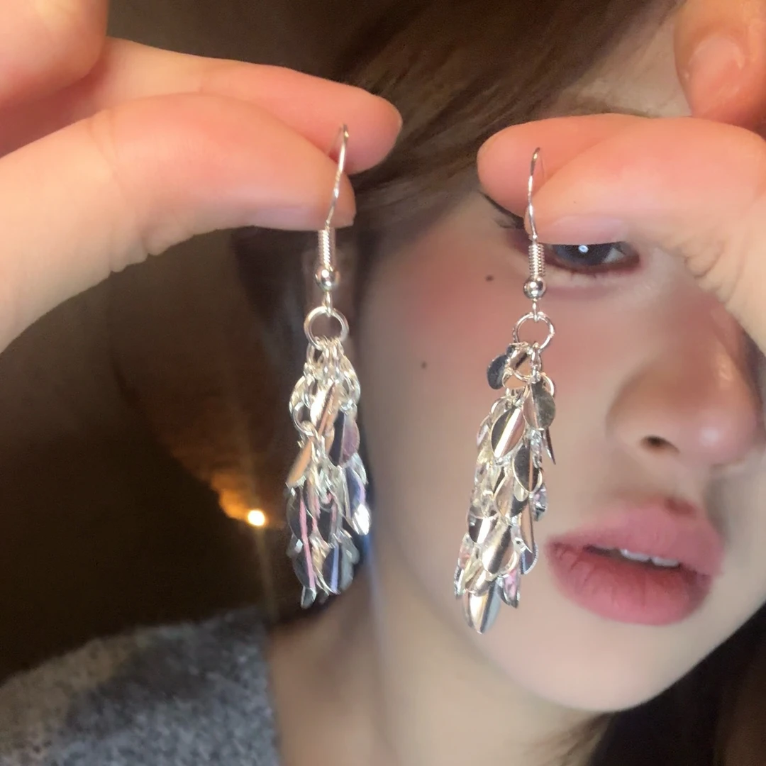 铜合金耳饰 清冷银色麦穗流苏耳环无耳洞女高级感耳坠叶子耳饰