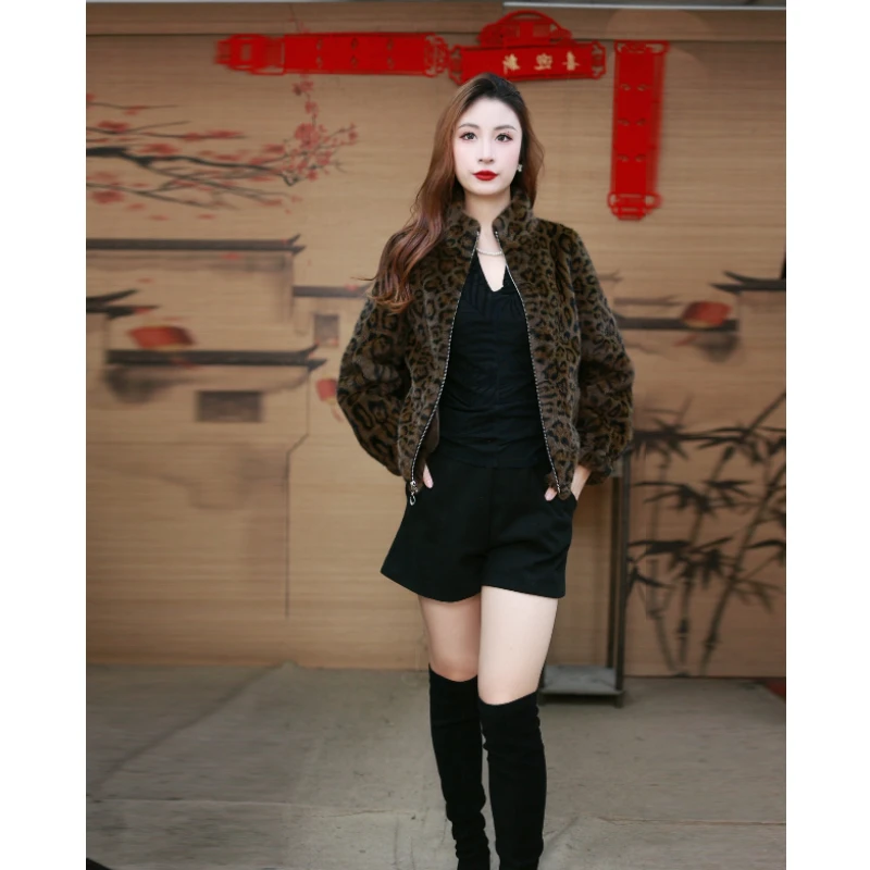妮可定制 短款拉链慵懒拼色豹纹加厚时尚冬季外套