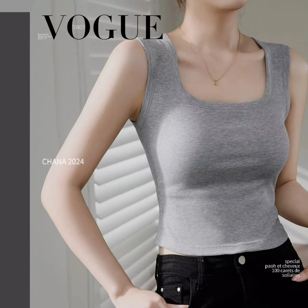 A6157天鹅颈带杯显瘦外穿纯色背心