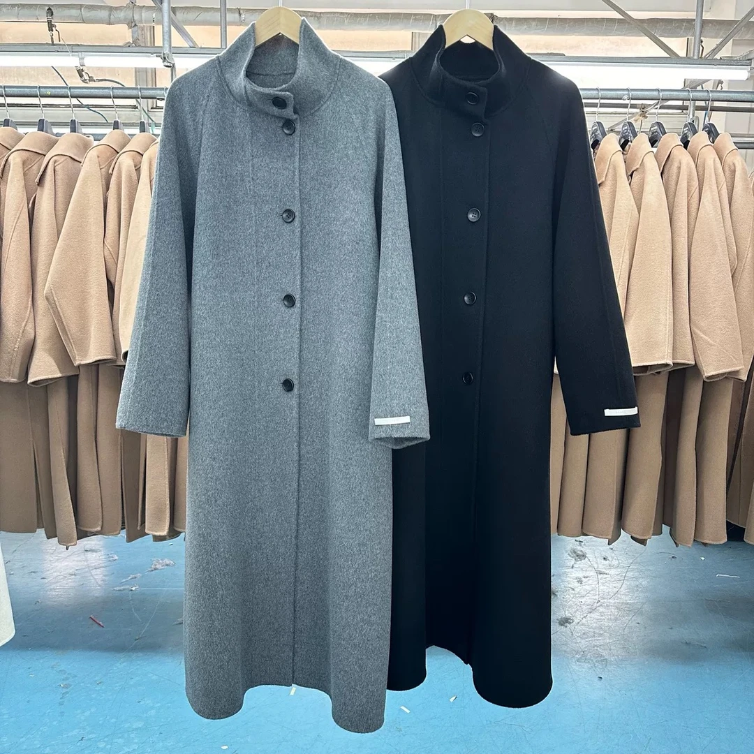韩版原单秋冬新款立领单排扣长款羊毛大衣
