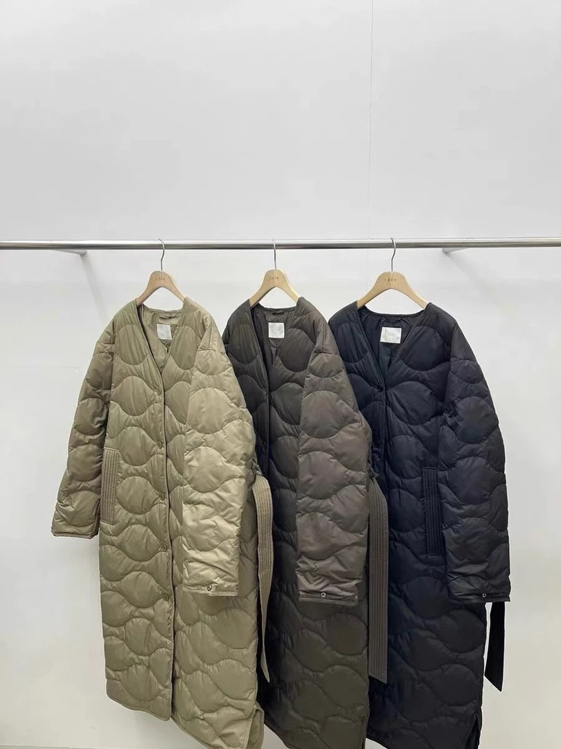 韩版原单2024冬季新款薄绗缝V领长款收腰外套