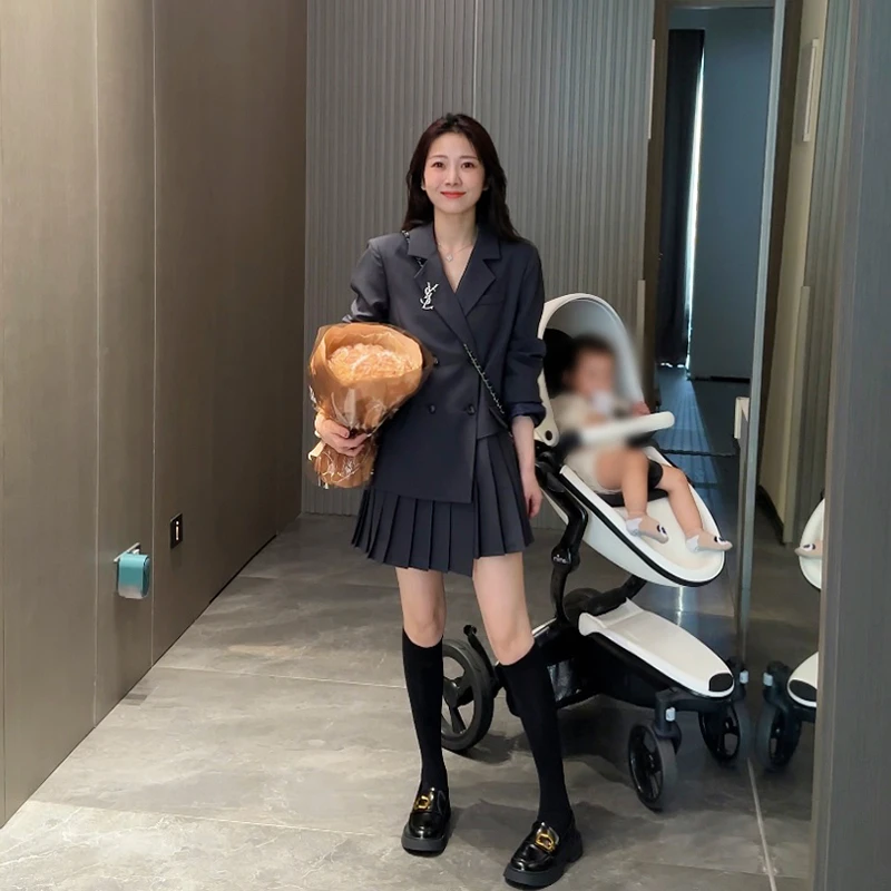 【格林少女】秋季新款短款高端设计感假两件拼接百褶西装连衣裙女