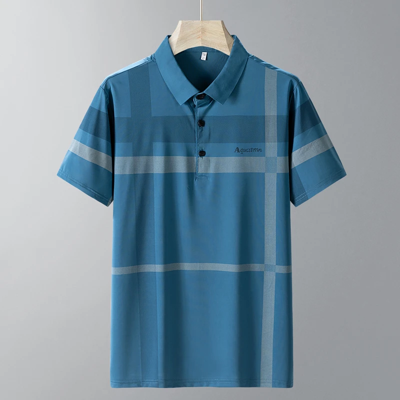 中年短袖T恤男夏季格子体恤衫中老年爸爸夏装冰丝凉感polo衫上衣