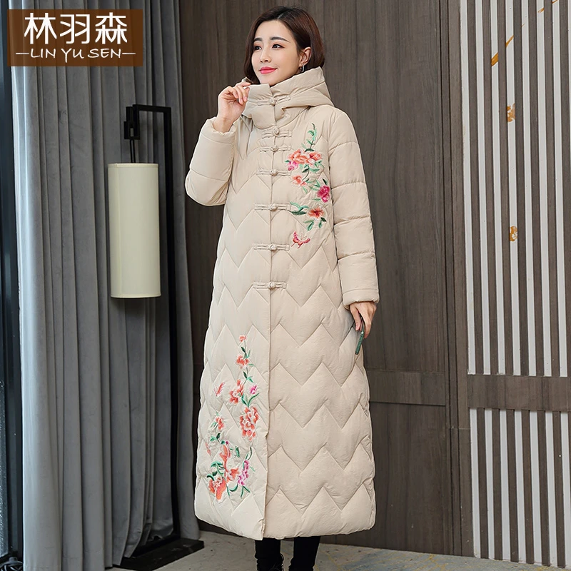 中国风刺绣长款棉服女冬长过膝宽松绣花加厚女士棉衣冬季新款棉袄
