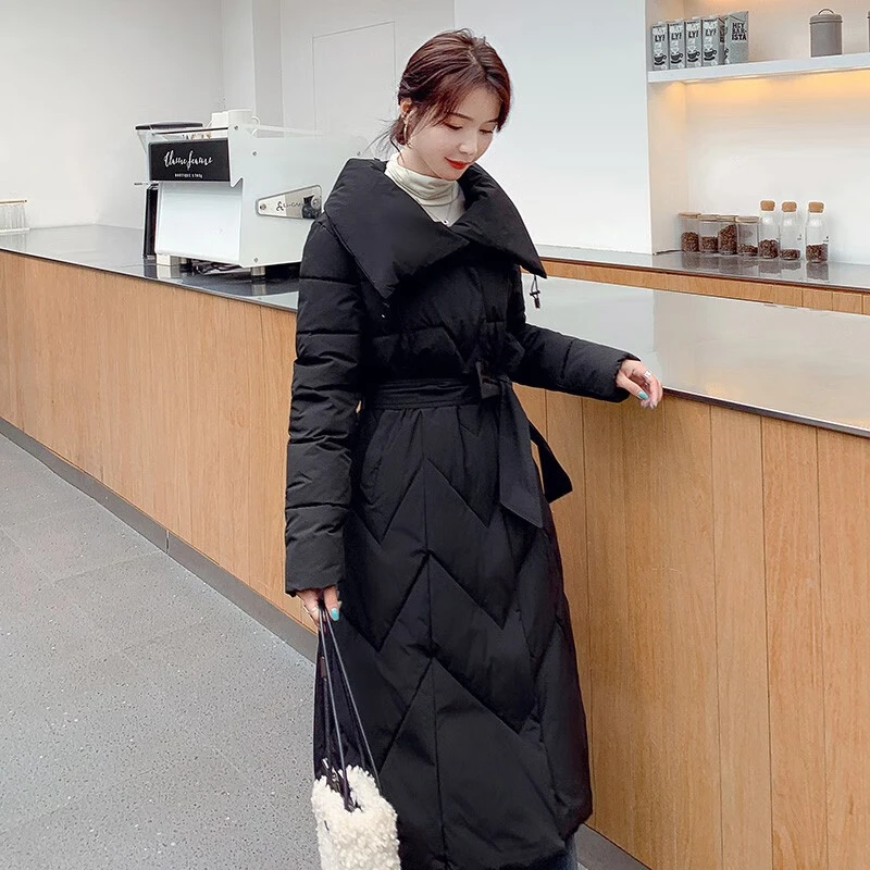 设计感小众气质长款棉服女冬季收腰显瘦女士棉服长过膝韩版棉袄冬