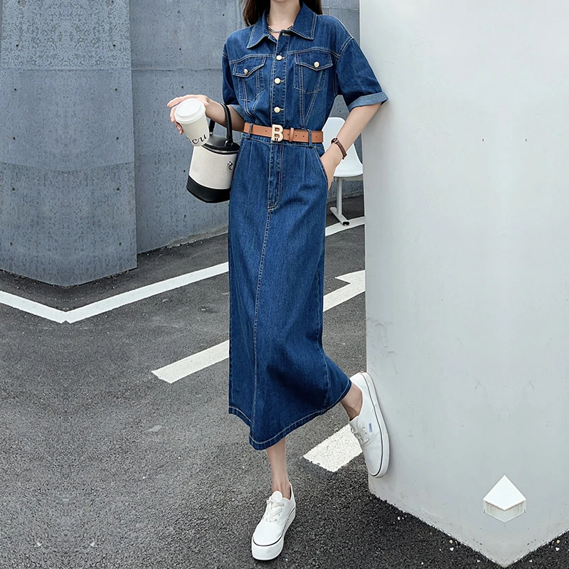 欧货短袖牛仔连衣裙女夏2025新款收腰带衬衫长裙子a字复古高级感