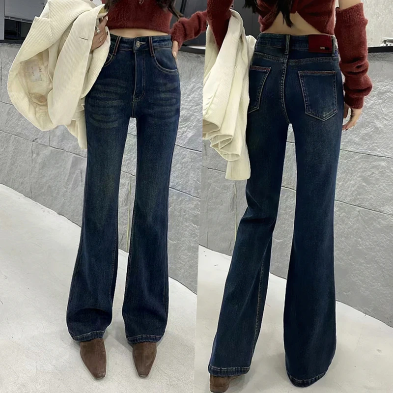 复古修身弹力加绒牛仔微喇裤女冬季新款马蹄裤高腰显瘦加厚喇叭裤