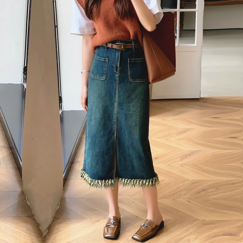 流苏开叉牛仔半身裙女2023年秋季新款高腰显瘦包臀中长款a字裙潮