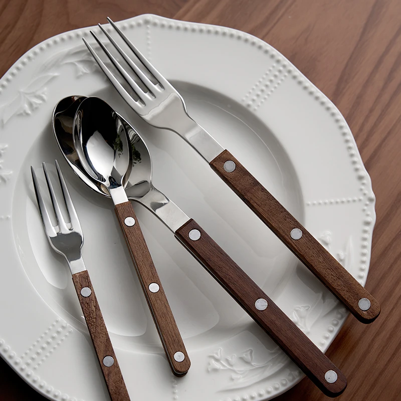 米立风物黑胡桃木柄西餐餐具牛排刀叉套装家用不锈钢刀叉勺三件套