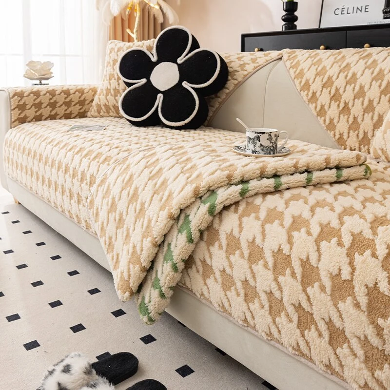 千鸟格沙发垫沙发布垫沙发靠背巾轻奢毛绒全盖盖布巾加厚防滑毯
